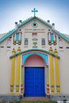 Dakha / Dacca, Bangladesh: Holy Rosary Catholic Church / Tejgaon Church - Portuguese architecture with Hindu and Muslim influences - the old white faade was renovated and repainted in intense Indian colours in 2000, work funded by the Portuguese-Armenian Gulbenkian foundation - photo by M.Torres