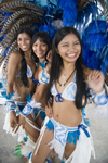 Parintins, Amazonas, Brasil / Brazil: trio of plumed dancers - Boi-Bumb folklore festival - Boi Caprichoso troupe / Festival Folclrico de Parintins - Bumba Meu Boi - photo by D.Smith