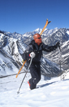 Portillo, Valparaso region, Chile: skier hiking for fresh tracks - climbing in the Andes Mountains - photo by S.Egeberg