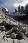 Torres del Paine National Park, Magallanes region, Chile: glacier lake and the Towers of Paine as seen from the lookout - photo by C.Lovell