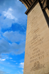 Paris, France: Arc de Triomphe - Place Charles de Gaulle - battle names on a pillar - Lille, Hondschootte, Wattignies, Arlon, Courtrai, Tourcoing, Weissembourg - Maestricht, Aldenhoven, Landau, Neuwied, Rastadt, Etlingen, Neresheim, Bamberg, Amberg, Friedberg - Biberach, Altenkirchen, Schliengen, Kehl, Engen, Moeskirch, Hochstett - photo by M.Torres