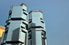 Hong Kong: Lippo Center - aka "The Koala Tree" - twin office towers, previously known as the Bond Center, architect Paul Rudolph - seen from below, Admiralty - photo by M.Torres