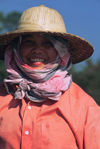 Laos: peasant woman - bamboo hat and scarf for sun protection - photo by E.Petitalot