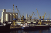 Casablanca, Morocco: ships and cranes in the port - grain elevator and Hassan II mosque in the background - photo by S.Dona'