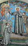 Portugal - Mogofores (Anadia): Saint John Bosco, born Giovanni Melchiorre Bosco, and the children - mosaic at Our Lady of Assistance sanctuary (N.S. Auxiliadora) - the Salesian Society - So Joo Bosco e as crianas - painel no Santurio de Nossa Senhora Auxiliador - photo by M.Durruti