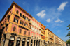 Cagliari, Sardinia / Sardegna / Sardigna: arcaded facades of Via Roma - corner with Lodovico Baylle - Palazzo Putzu-Spano - Palazzata di via Roma - palazzi porticati - S'Arruga de Santu Franciscu de Su Mollu - quartiere Marina - photo by M.Torres