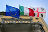 Olbia / Terranoa / Tarranoa, Olbia-Tempio province, Sardinia / Sardegna / Sardigna: European, Italian and Sardinian flags at the City Hall - Municipio di Olbia - photo by M.Torres