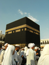 Mecca / Makkah, Saudi Arabia: close up view of Kaaba, covered by a black silk and gold curtain known as the kiswah - ground floor of Haram Mosque - Muslims around the world face the Kaaba during prayer time, this direction is called the Qibla - photo by A.Faizal