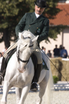 Slovenia - Lipica / Lipizza - Goriska region: Lipica stud farm - dressage competitor and a pure white Lipizzaner hors - extended trot - photo by I.Middleton