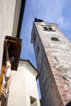 Slovenia - Campanile and Statue of Jesus at the entrance to the island church on Lake Bled - photo by I.Middleton