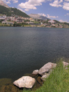 Switzerland - St Moritz / Sogn Murezzi - Graubnden / Grigioni canton - rocks, town and lake - Lej da San Murezzan - Engadine valley - photo by J.Kaman