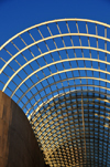 Denver, Colorado, USA: Denver Performing Arts Complex - exposed metal beams - vaulted entrace of 'The Plex' -  industrial style architecture by Kevin Roche - Speer and Arapahoe Streets - photo by M.Torres