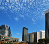 Cleveland, Ohio, USA: skyline from Willard Park -  left to right North Point Tower, Erieview Tower, AT&T building, One Cleveland Center, Federal Building - photo by M.Torres